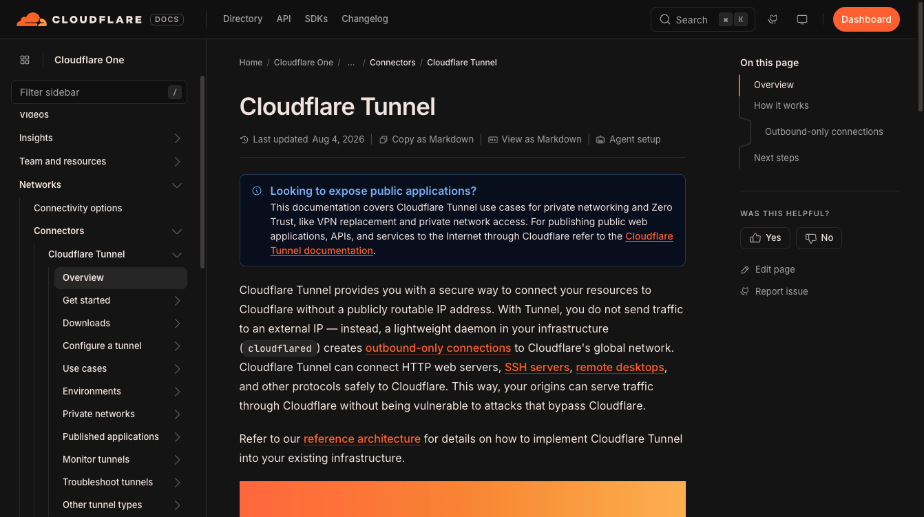 Cloudflare 공식 문서의 Cloudflare Tunnel 개요 — 공인 IP 없이 cloudflared 데몬이 아웃바운드 연결만으로 내부 리소스를 안전하게 연결한다