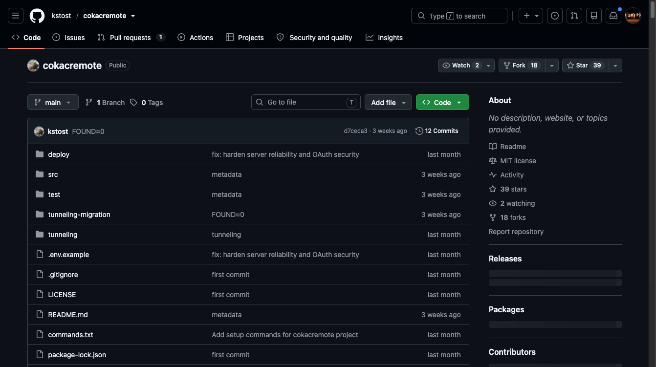 kstost/cokacremote GitHub 저장소 메인 화면