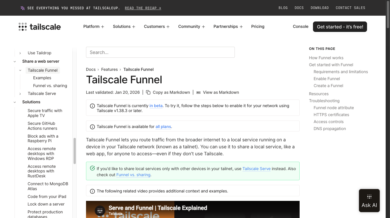 Tailscale 공식 문서 — Tailscale Funnel 개요. "인터넷 전체에서 타일넷 안의 로컬 서비스로 트래픽을 라우팅한다"