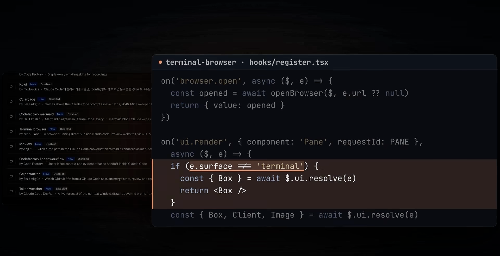 terminal-browser mod의 register.tsx와 왼쪽의 mod 목록
