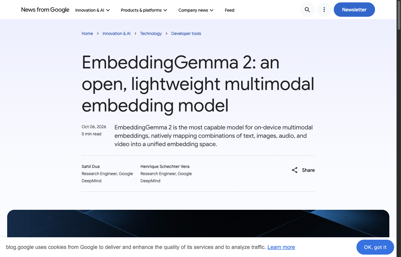 Google 블로그의 EmbeddingGemma 2 발표 글