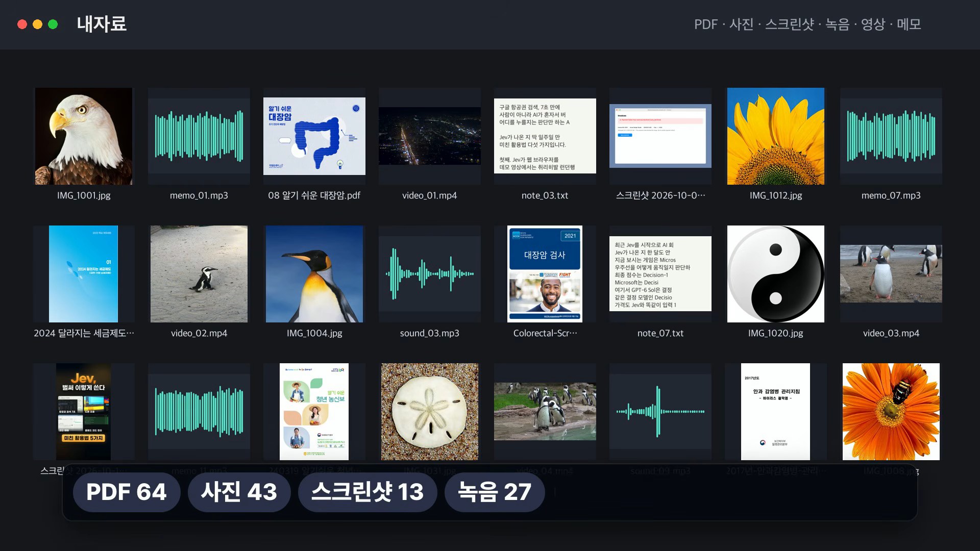 시험용 자료 폴더. PDF 64개, 사진 43장, 스크린샷 13장, 녹음 27개에 영상과 메모까지 모두 158개가 섞여 있다