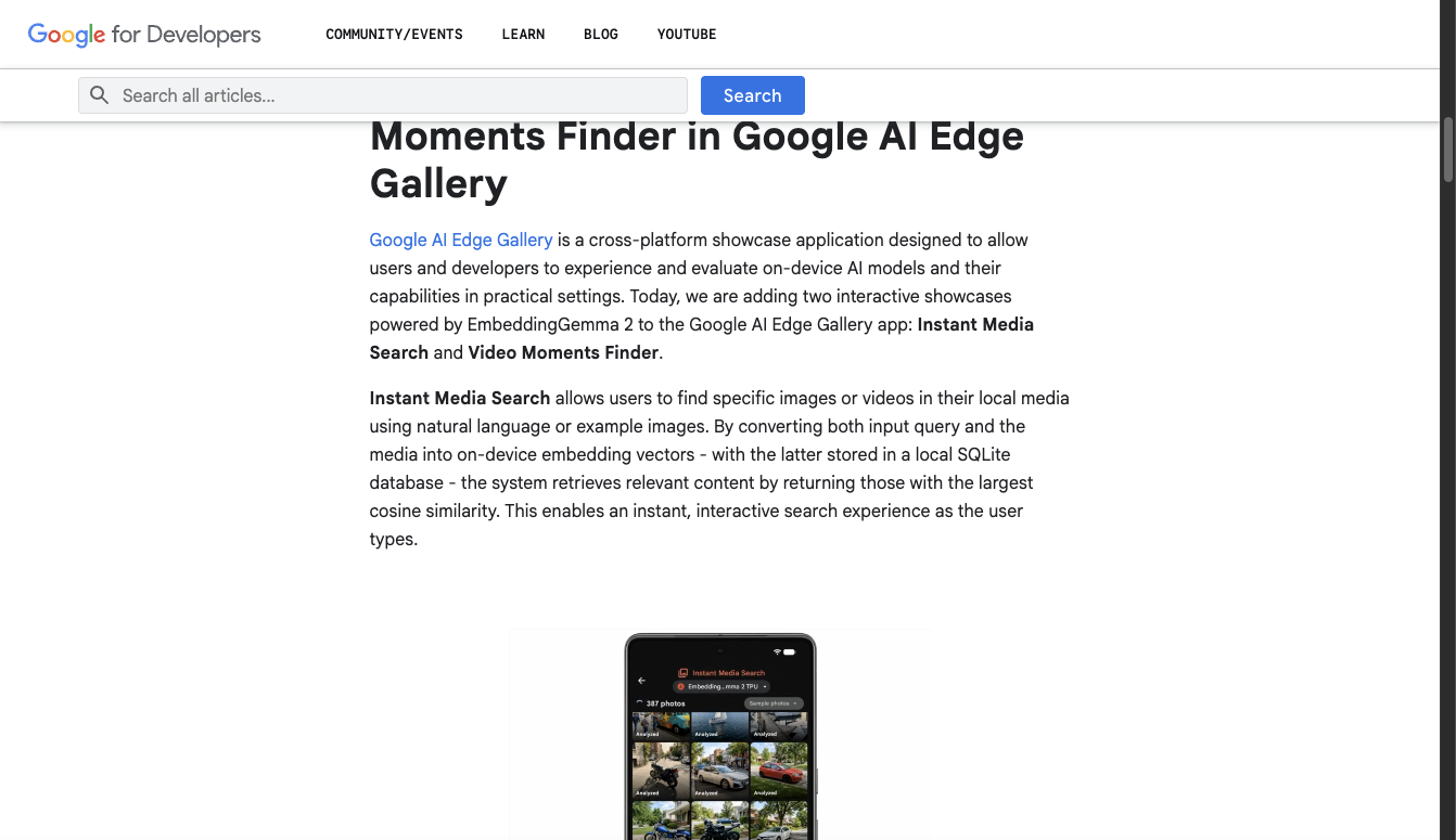 Google AI Edge 블로그의 Instant Media Search와 Video Moments Finder 소개. 질의와 미디어를 기기 안에서 임베딩해 로컬 SQLite에 저장하고 코사인 유사도로 찾는다는 설명
