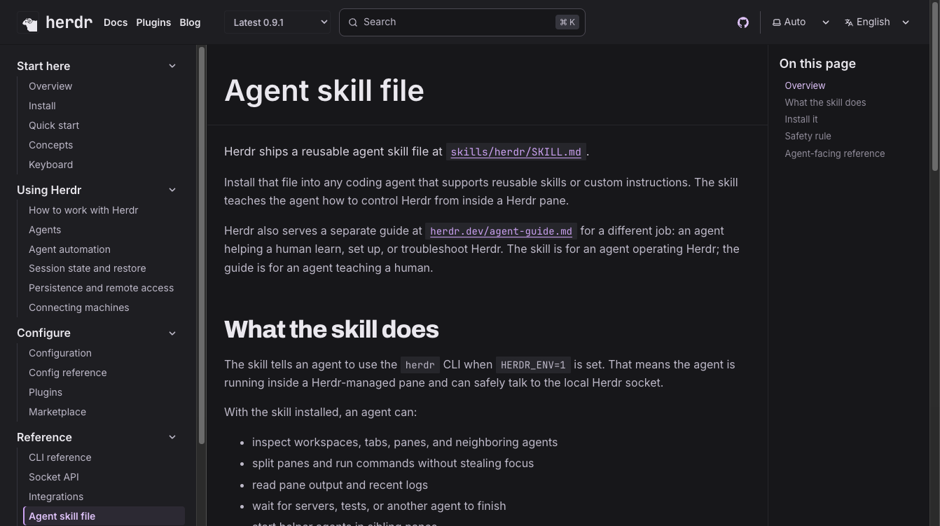 herdr 공식 문서 — Agent skill file 페이지. skills/herdr/SKILL.md 위치와 스킬이 하는 일 설명