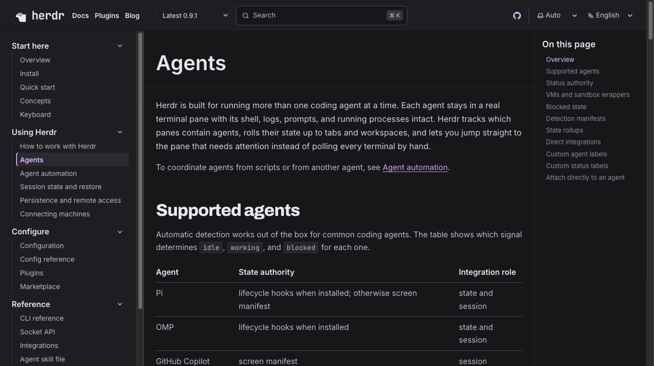 herdr 공식 문서 Agents 페이지 — 지원 에이전트별 상태 감지(idle/working/blocked) 방식과 Integration role 표