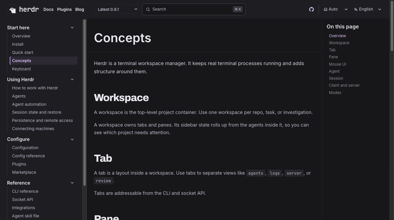 herdr 공식 문서 Concepts 페이지 — Workspace, Tab, Pane 개념 설명