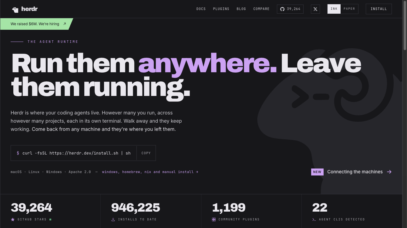 herdr.dev 홈페이지 — "Run them anywhere. Leave them running." 슬로건과 설치 명령어, 39,264 GitHub 스타