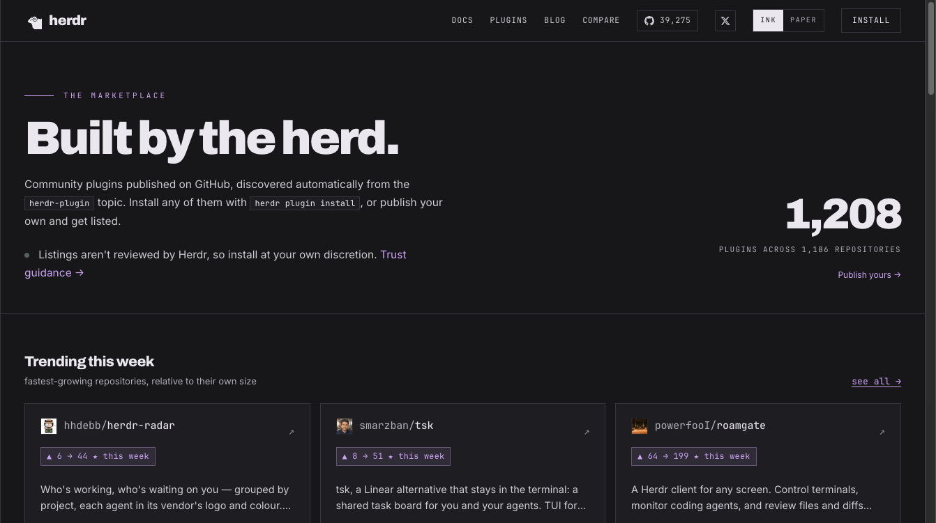 herdr.dev 플러그인 마켓플레이스 — GitHub의 herdr-plugin 토픽에서 자동으로 발견되는 커뮤니티 플러그인 1,208개