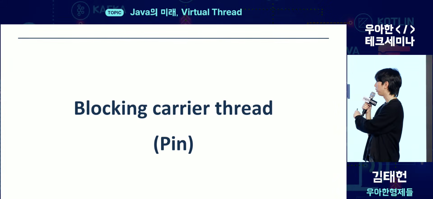 핀(pinning) 현상 — 블로킹된 캐리어 쓰레드에 Virtual Thread가 고정되는 문제