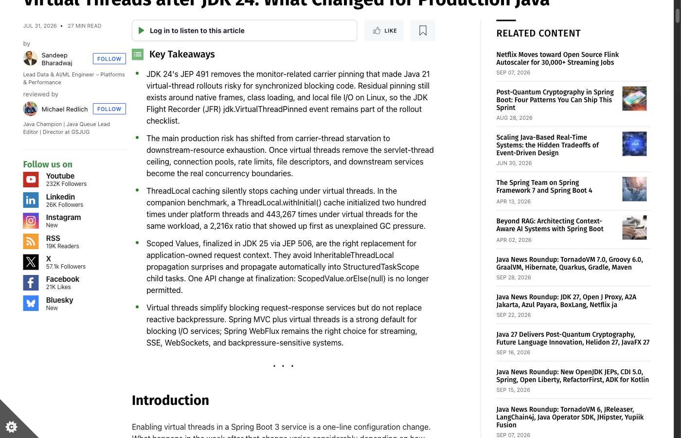 InfoQ "Virtual Threads after JDK 24" 핵심 요약 — pinning 문제의 원인 이동과 ThreadLocal 캐싱 붕괴, ScopedValue 권장 사항