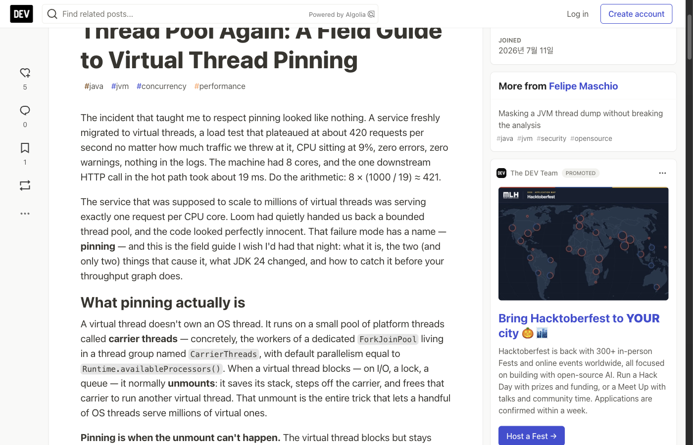 dev.to "A Field Guide to Virtual Thread Pinning" — 8코어 × (1000/19ms) ≈ 421 rps로 처리량이 고정된 실제 장애 사례