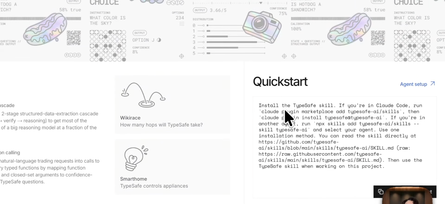 Quickstart 섹션 — Claude Code/다른 에이전트용 스킬 설치 명령이 그대로 제공된다