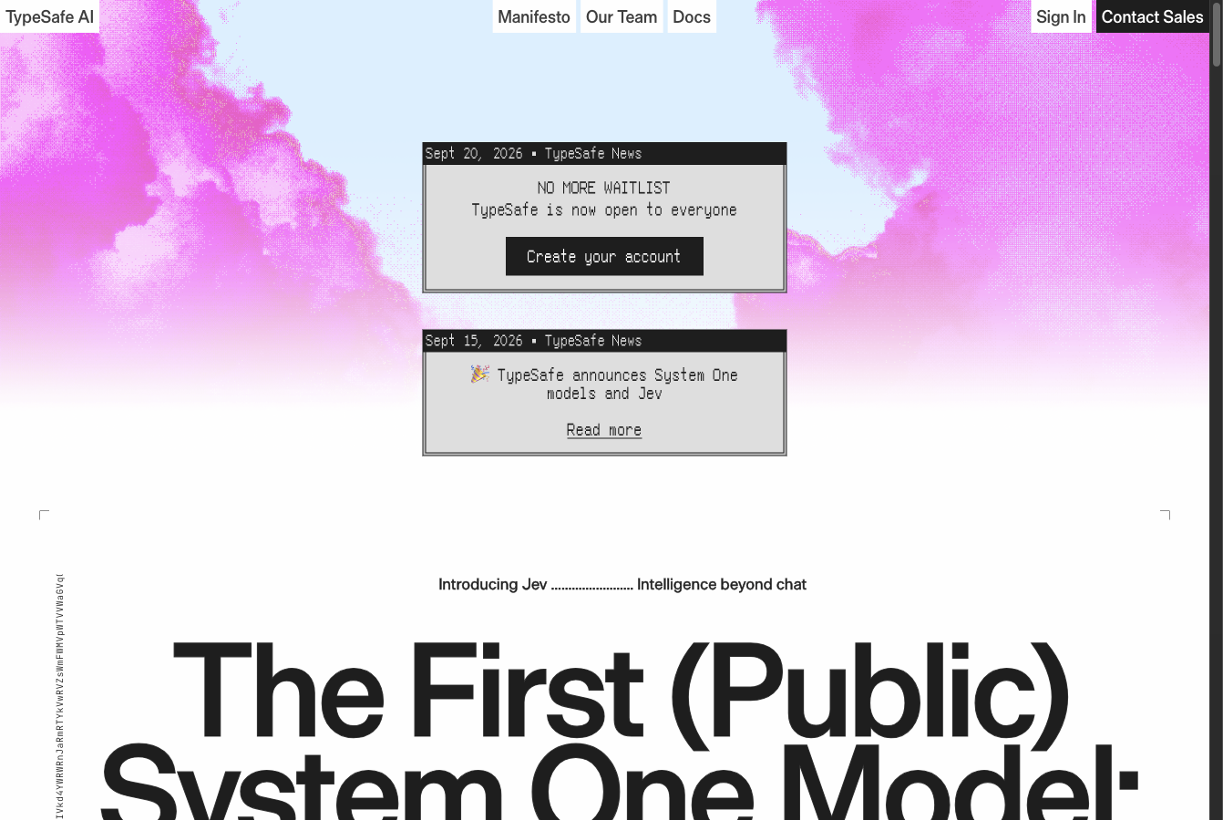 TypeSafe AI 공식 홈페이지 — Jev를 "The First Public System One Model"로 소개하는 화면