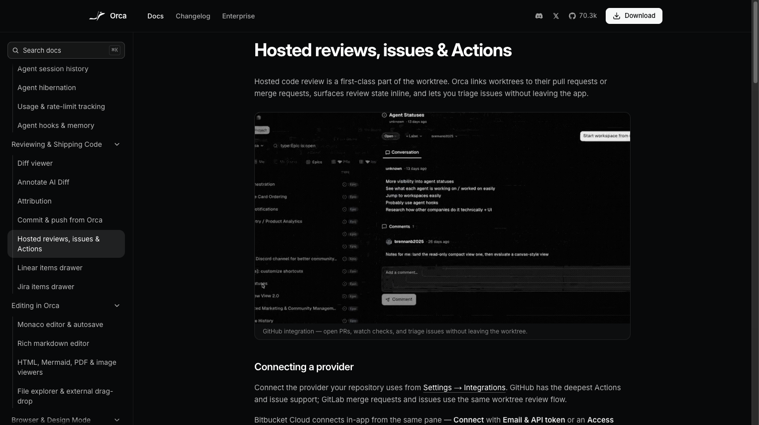 Orca 공식 문서 — Hosted reviews, issues & Actions 페이지