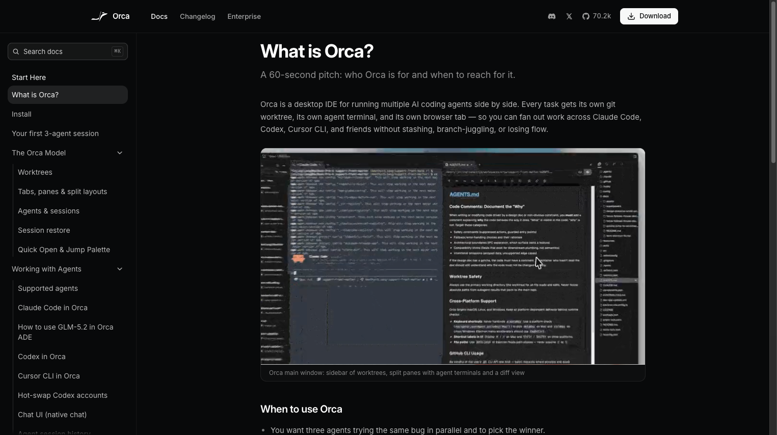 공식 문서 What is Orca 페이지 — worktree 사이드바, 에이전트 터미널, diff 뷰가 한 화면에 있다