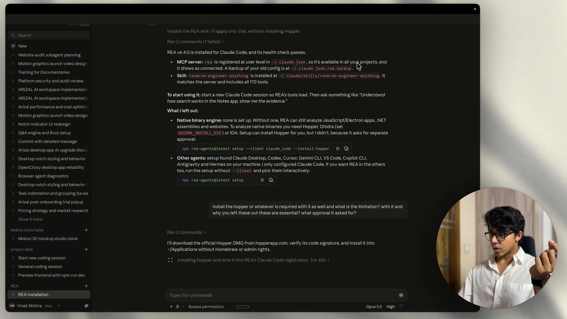 Claude Code가 보고한 REA 설치 결과. MCP 서버가 ~/.claude.json에 등록되고 스킬이 ~/.claude/skills/reverse-engineer-anything에 설치됐으며 170개 도구가 포함됐다는 내용