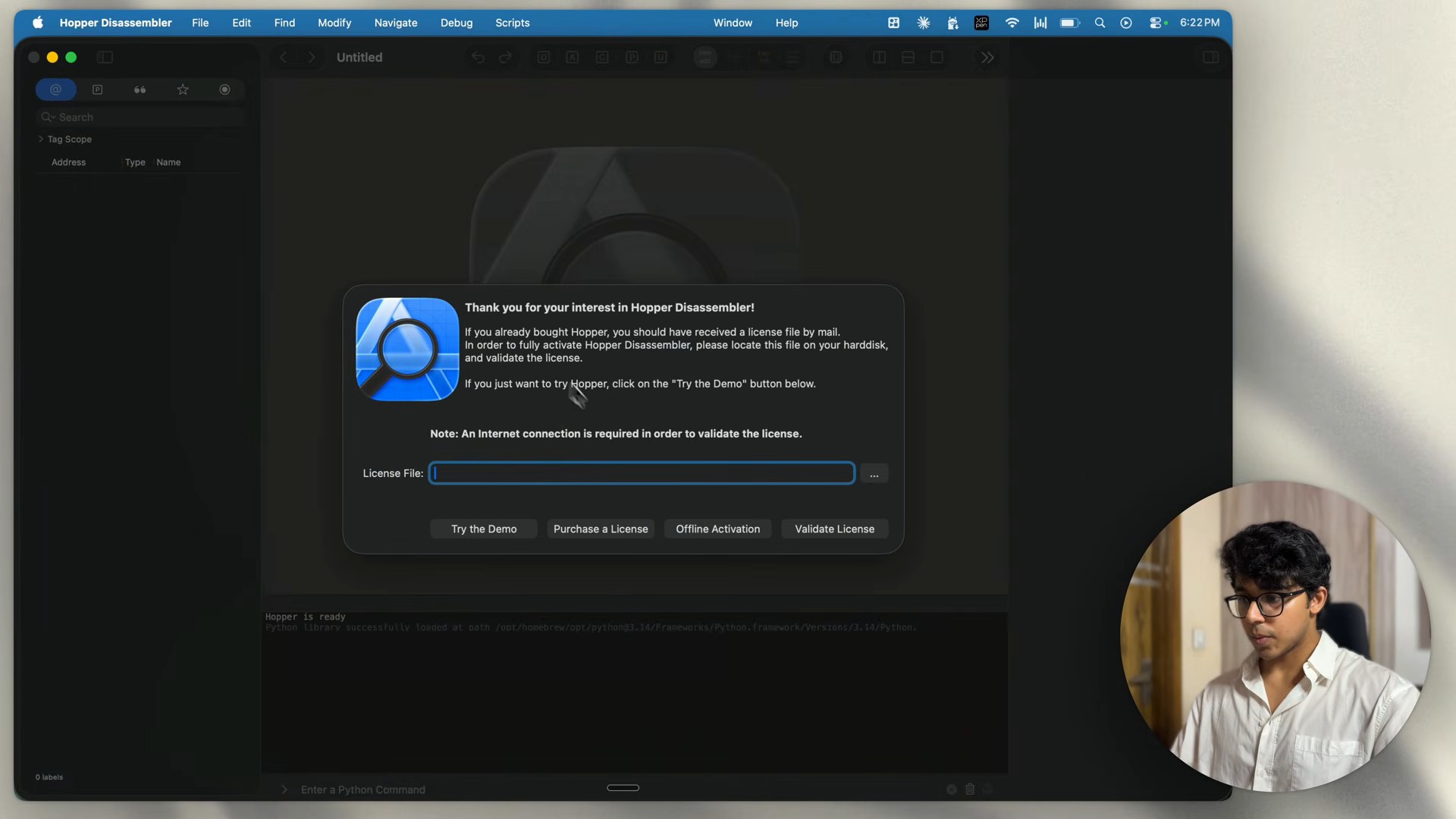 Hopper Disassembler의 라이선스 창. Try the Demo, Purchase a License, Offline Activation 버튼