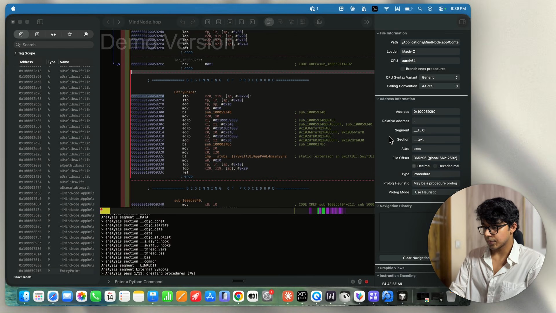 Hopper Disassembler 화면에 Demo Version 표시와 함께 MindNode 바이너리의 어셈블리가 열려 있다